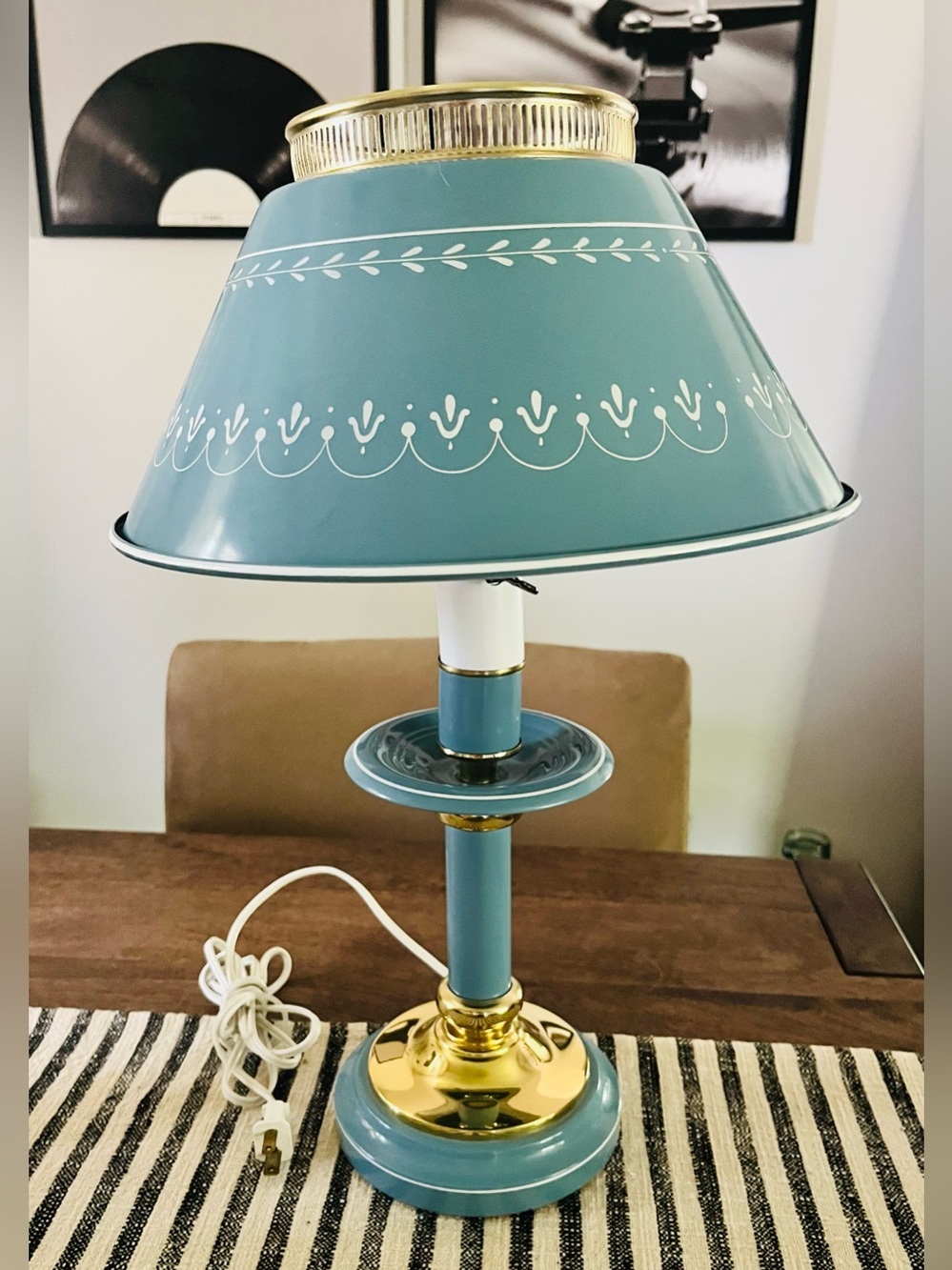 Vintage CottageCore Blue Toleware Torchiere Style Metal Lamp w Metal Lamp Shade